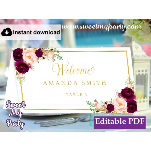 Burgundy Escort Cards template,Maroon Place Cards template,(61c)